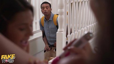 A man with a large black penis enters a hotel room shared by two attractive women and engages in sexual activity with them