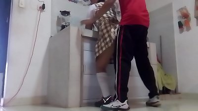 I have sex with my classmate in the kitchen but my dick gets stuck in her ass until it is filled with cum