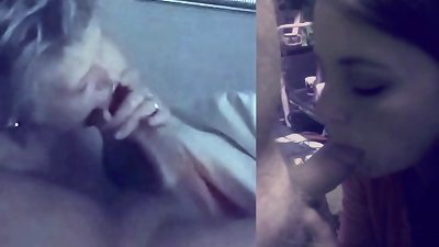 Two married women give blow jobs to the same man as their boss while they spy on each other.