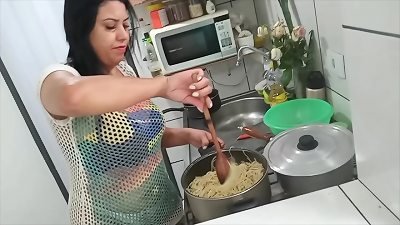 Sarah Rosacontra in sexy kitchen cooking with macaroni