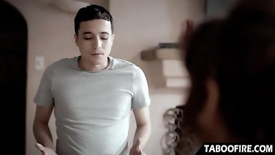 A seasoned stepmother enjoys simultaneous penetration by her stepsons