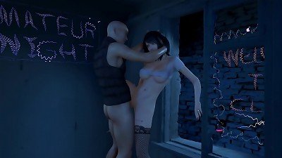 A skinny Asian woman in sex fishnets has hardcore sex in 3D.