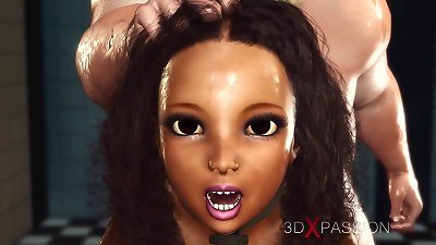 African American woman bound and penetrated by a large chef using a sex machine