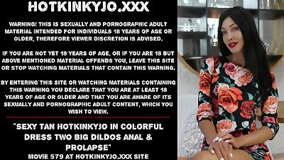 stellar sunburn Hotkinkyjo in colorful dress two huge dildos ass-fuck & rosebud