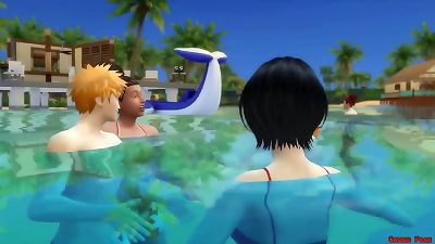 Rukia gets penetrated by Renji on the white sand in this anime-inspired porn parody