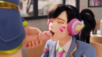 D.Va from Overwatch is tricked into giving oral sex in this hentai video.