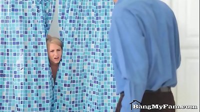 Step-son showers mom with love and cum in the shower