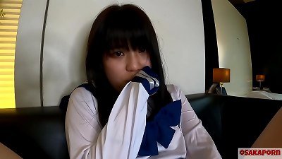 A mature Japanese woman with small breasts orgasms while using her fingernails and a vibrator. A Chinese woman in a schoolgirl costume gives a deep blowjob in this video